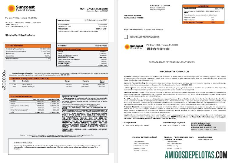 Extrato de hipoteca do USA Suncoast Bank em formatos Word e PDF 1 2 amostra